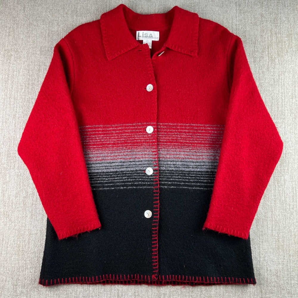 Lisa International Boiled Wool Cardigan Jacket Womens L Red Colorblock Striped